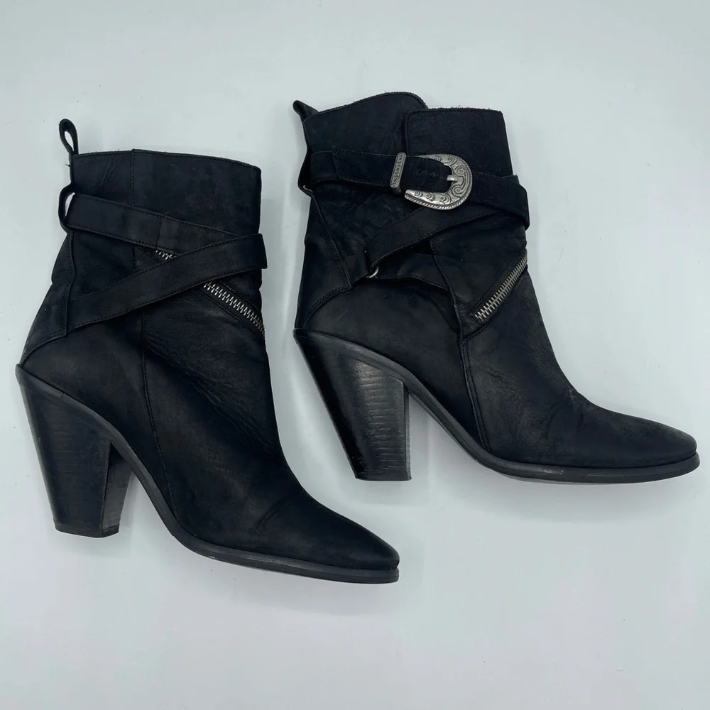 AllSaints TEJUS Ladies Black Leather Buckle Western Ankle